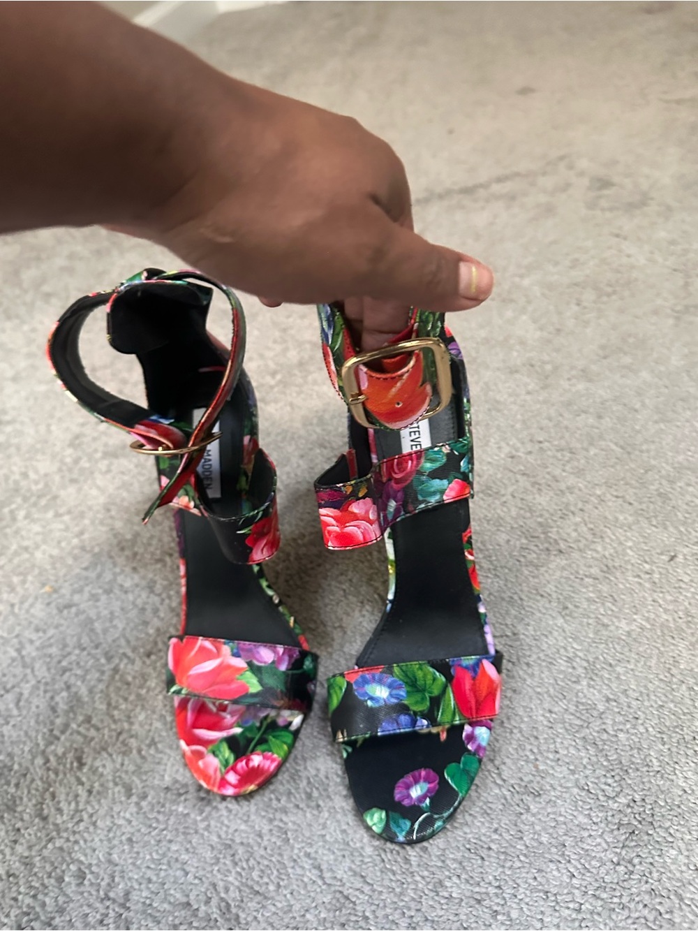 Steve Madden Floral Ankle-Strap Heels - Black with Red, Green, Blue Accents - Picture 3 of 10